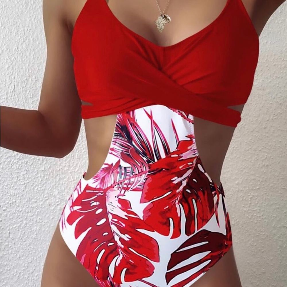 boho leaves cut out back tie swim monokini, large
